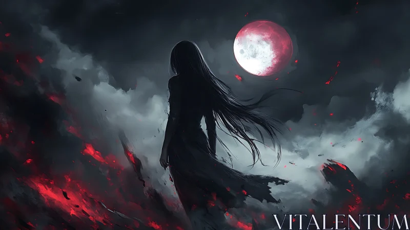 Blood-red moon over lone silhouette in storming nightscape.