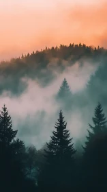 Atmospheric mist inversions through coniferous forest canopy at sunrise