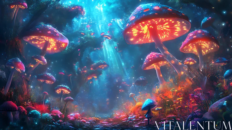 Luminous fantasy forest filled with giant glowing mushrooms.