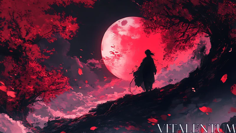 Silhouetted figure on ridge before large red moon.