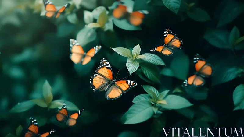Orange butterflies drift gently through lush emerald leaves