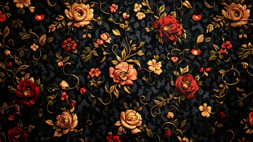 Vintage floral tapestry pattern with ornate red roses.