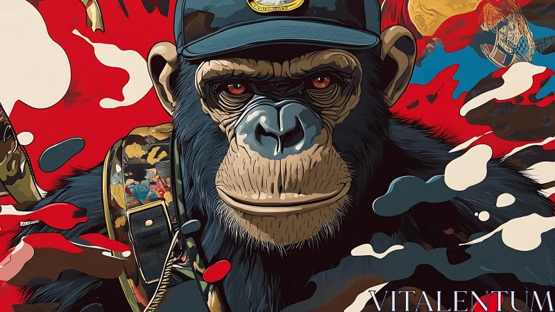 Militarized chimpanzee portrait dominates bold abstract field