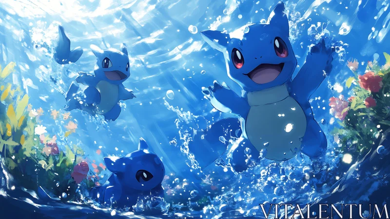 Playful blue water creatures leap through sunlit waves.