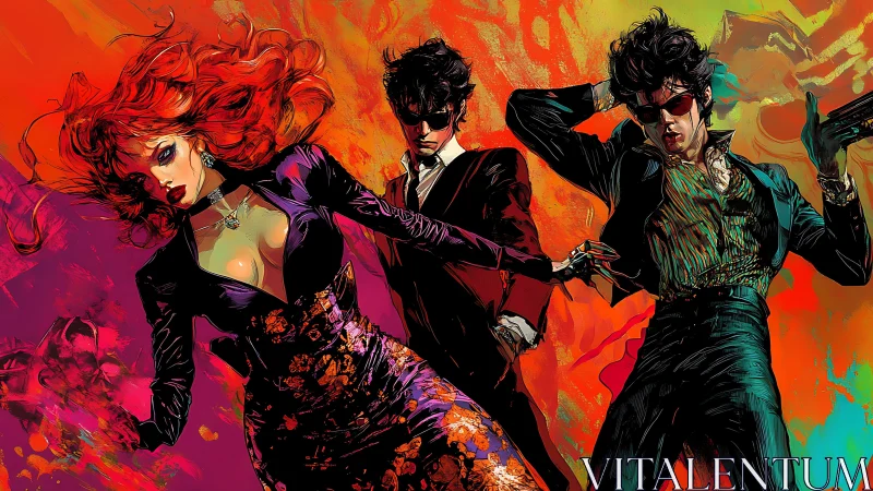 Stylish trio dancing through bold neon color storms.