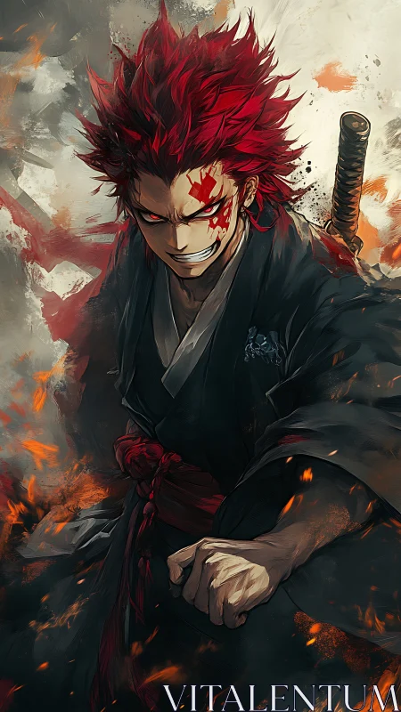 Scarlet-haired samurai warrior amid swirling embers poised.