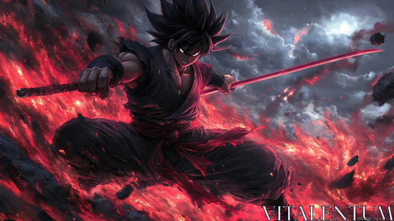 Blade-wreathed warrior carves a red storm through molten sky