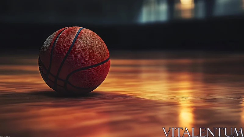 Lonely basketball on glossy court under warm arena lights.