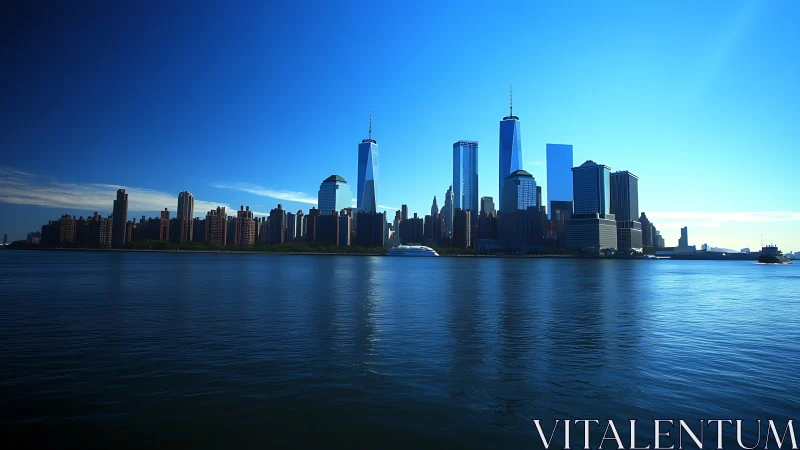 Skyline across tranquil harbor under vivid blue sunrise.