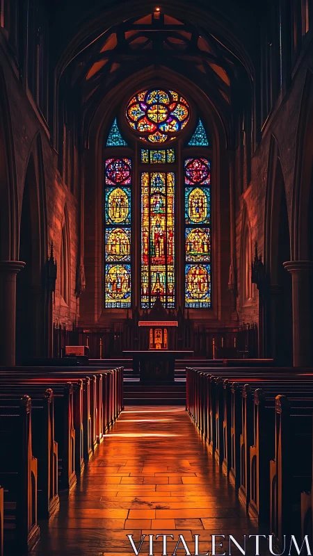 Cathedral nave glows beneath vibrant stained glass window.