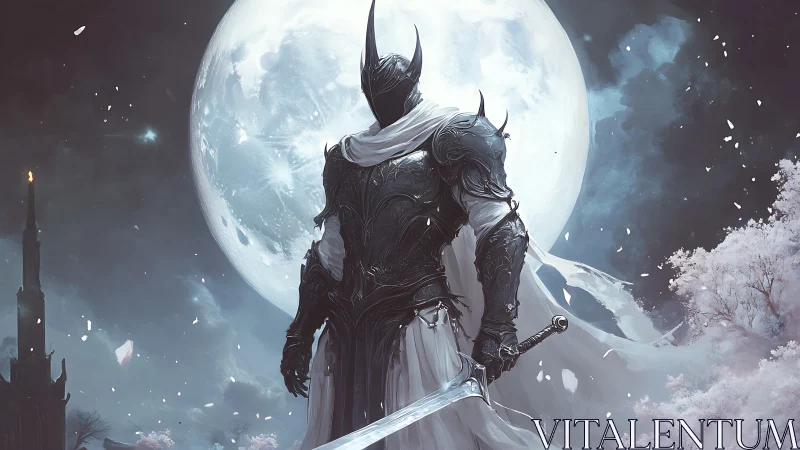 Moonlit dark knight stands guard before an eerie winter sky