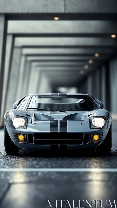 Classic racing coupe fronts tunnel under soft overhead lights