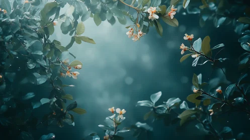 Green foliage arch with small white blossoms in misty light.