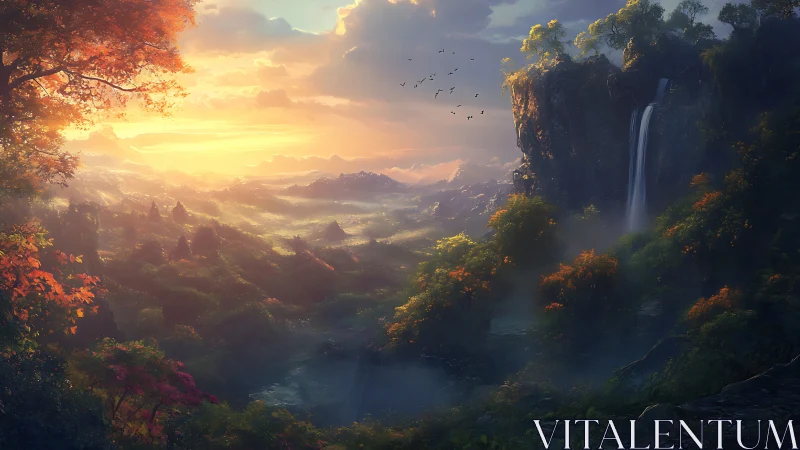 Sunlit valley panorama with autumn canopy and misted waterfall.