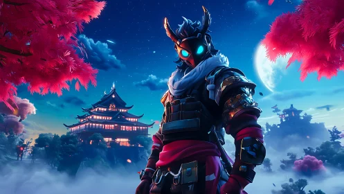 Armored masked figure in neon-lit samurai fantasy landscape.