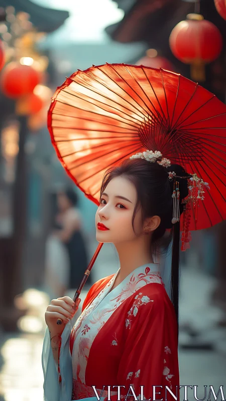 Woman in traditional attire holds red parasol in street