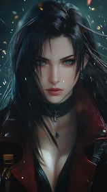 Midnight huntress in crimson leather storms the neon dusk.