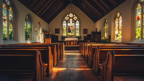 Sunlit chapel interior glows with stained glass serenity
