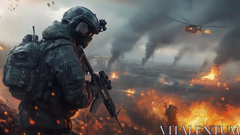 Tactical operator advancing through incendiary urban killzone.