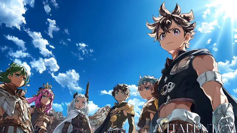 Group of armored youths under expansive blue sky scene.