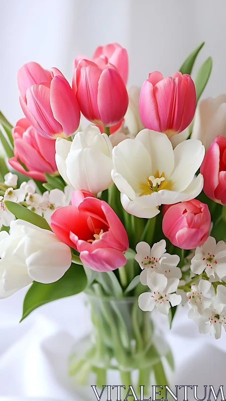 Pink and White Tulip Arrangement in Glass Vase.