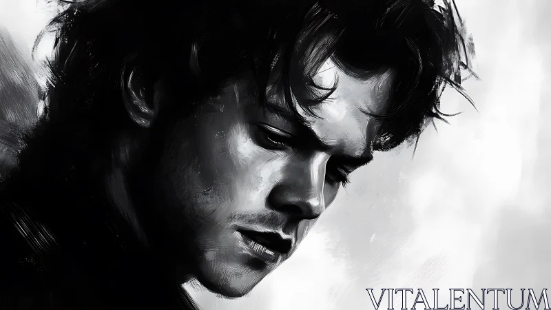 Melancholic portrait of a brooding young man in grayscale.