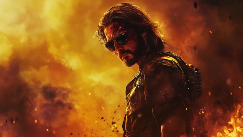 Battle-hardened soldier stands amid blazing firestorm inferno