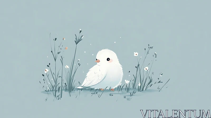 Cute White Bird in Pastel Floral Field, Minimalist Illustration.