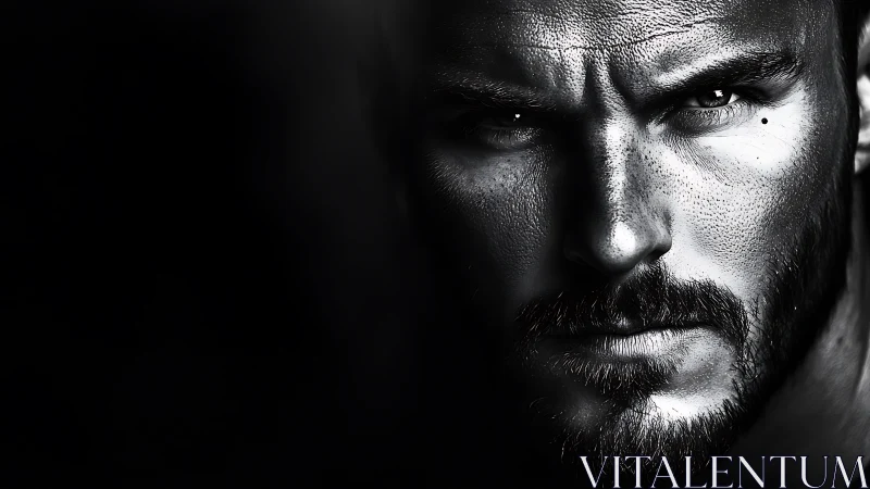 Intense male portrait emerges from deep monochrome shadow