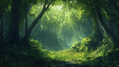 Enchanted Forest Path Glowing with Golden Sunlight