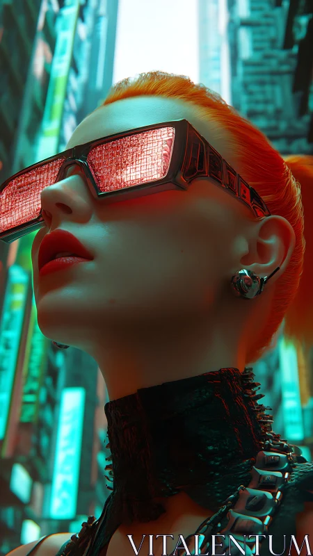 Neon-lit cyberpunk woman with reflective visor in cityscape.