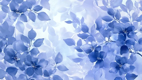 Blue floral branches in soft layered botanical composition.