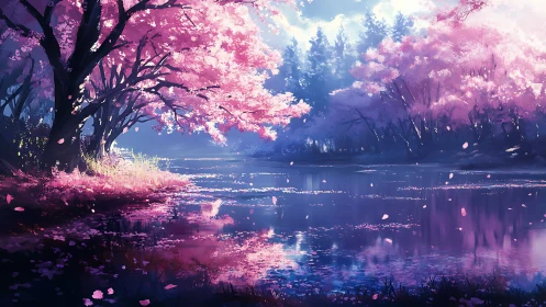 Chromatic sakura riverbank under diffuse atmospheric light.