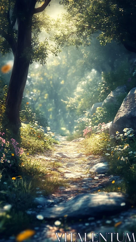 Enchanted Forest Path: Where Sunlight Dances Through Ancient Woods.