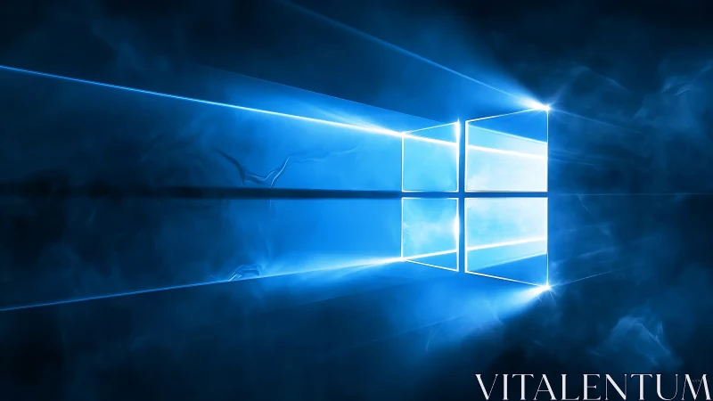 Glowing blue window logo with light beams and reflection.