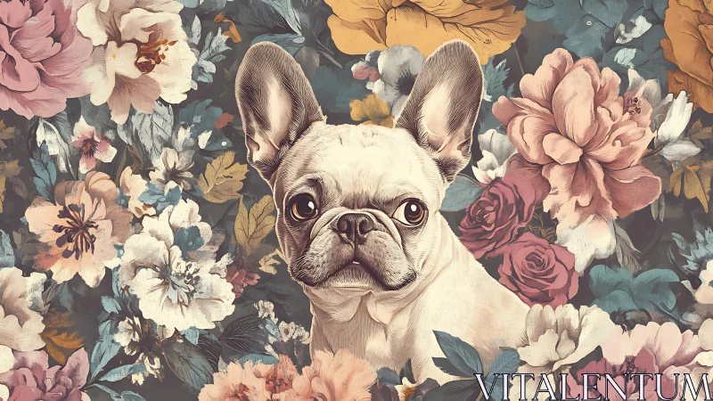 French bulldog daydreams in a lush garden of flowers.