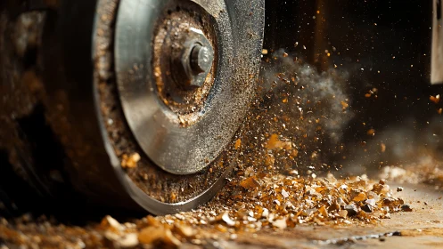 Grinding wheel shattering stone fragments in warm sparks.