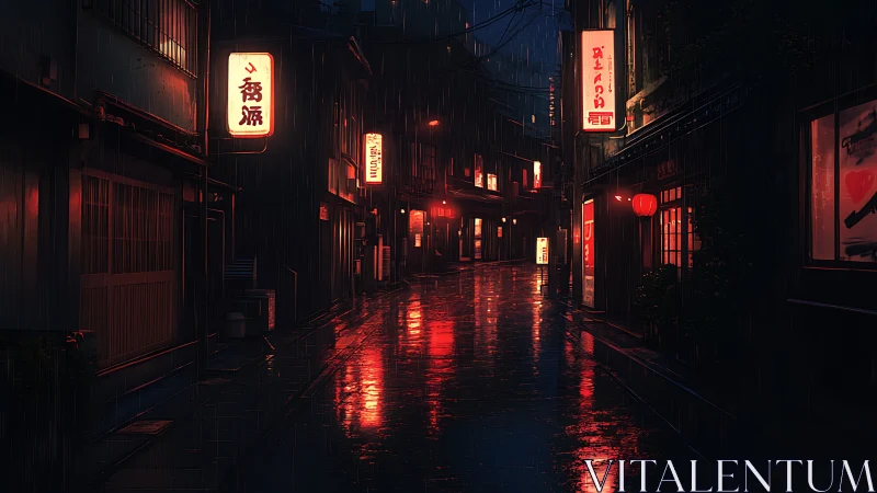 Neon soaked alley glows softly in a quiet midnight rain