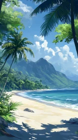 Tropical Beach Landscape with Volcanic Mountain