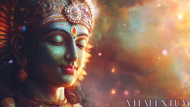 Serene divine figure in ornate crown against glowing nebula.
