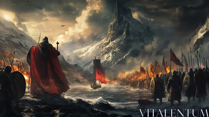 Armored warriors observe a burning coastal approach in snow