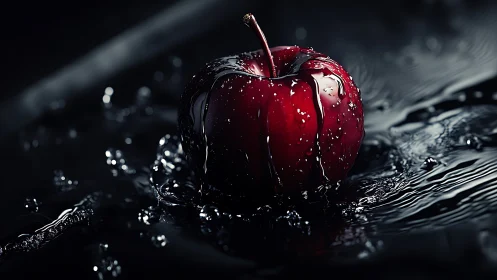 Red apple rests in dark liquid with reflective water droplets