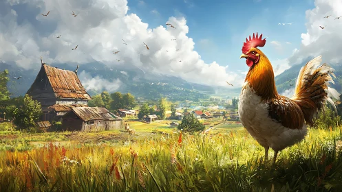 Rooster in Alpine Farmland Valley Scene.