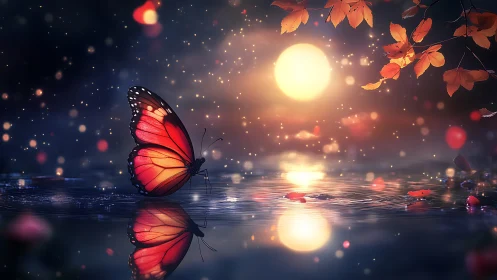 Glowing butterfly over moonlit water in autumn dusk.