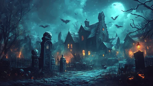 Haunted gothic mansion glows beneath a full moonlit sky.