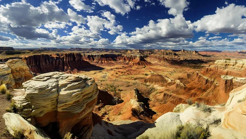 Sunlit sandstone cliffs above vast desert canyon panorama.