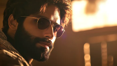 Bearded man in sunglasses under warm backlit illumination.