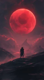 Solitary warrior under a colossal crimson moonlit sky