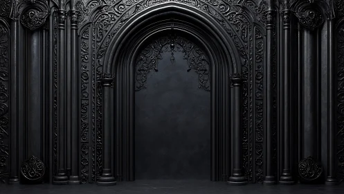 Gothic archway rendered in matte black with dense ornamental relief