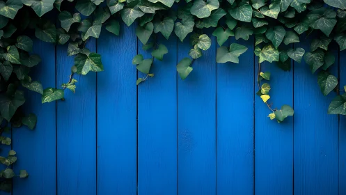Green ivy foliage hanging over vivid blue wooden fence